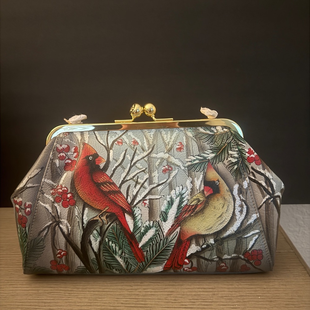 Anuschka Hand-Painted Leather Frame Shoulder Bag Lovely Cardinals NWT.